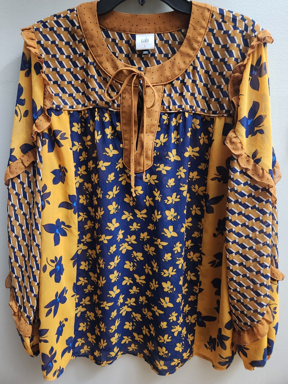 Cabi LARGE Harmony Mustard, Navy Mixed-Print Floral Boho Long Sleeve Blouse Top
